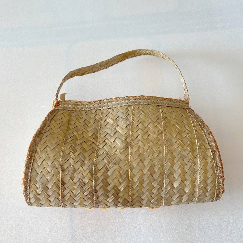 Vtg Woven Straw Handbag‎ Top Handle Orange Yellow Raffia Floral Boho Purse
